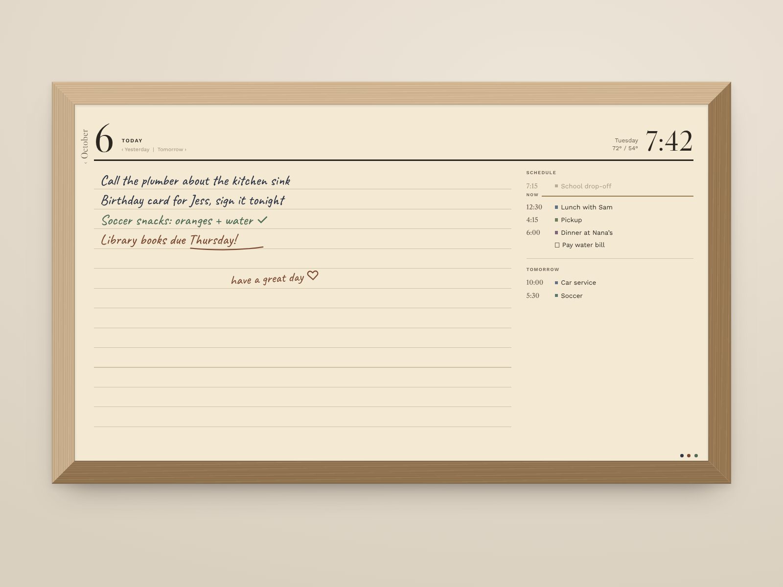 Concept render of Daybook in natural oak showing a single day: a lined page of handwritten notes beside the day's schedule.