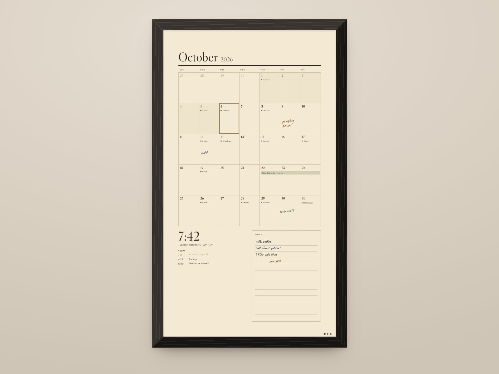 Concept render of Daybook hung in portrait in ebonized oak, with tall weeks and the clock, today and notes below.